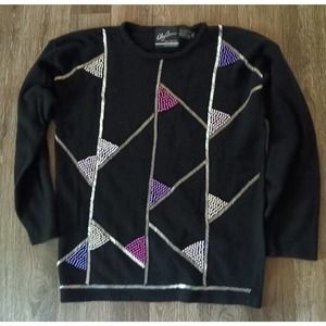 Vtg Oleg Cassini black Beaded Embellished Sweater Women's Lambswool medium